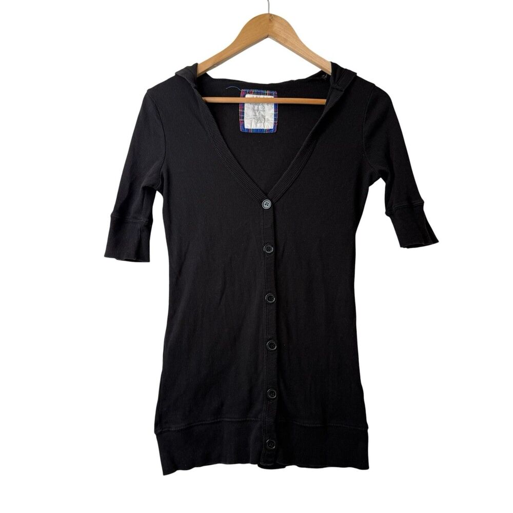 VTG Energie Y2K Ribbed Hooded Cardigan Top L Black Button Up Short Sleeve Grunge